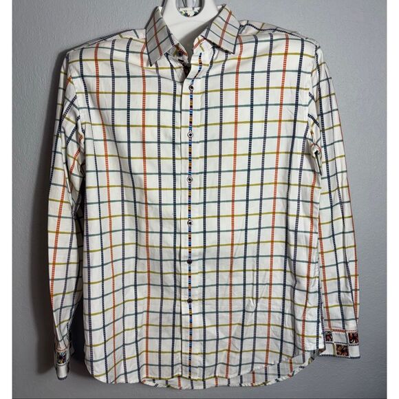 Robert Graham Button Up Plaid Shirt White Orange Embroidered Cuff Size Large L - Picture 2 of 12